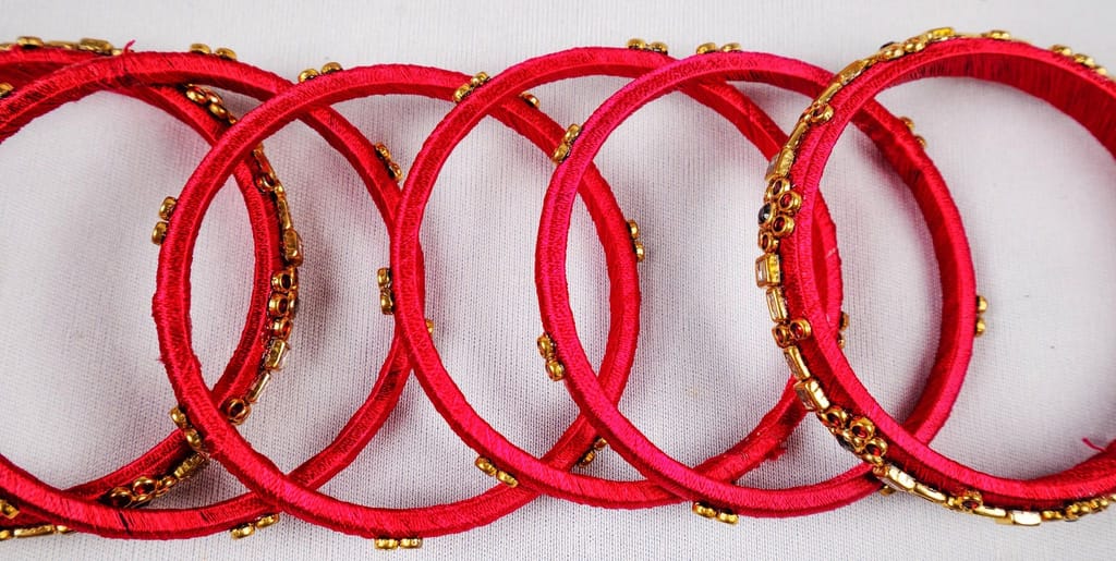 Set of 16, Pink Silk Thread Bangle with Rhinestone