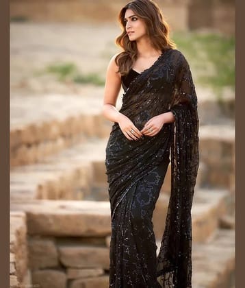 Samah Georgette Embroidered Saree With Unstitched Blouse Piece ( Dark Grey )