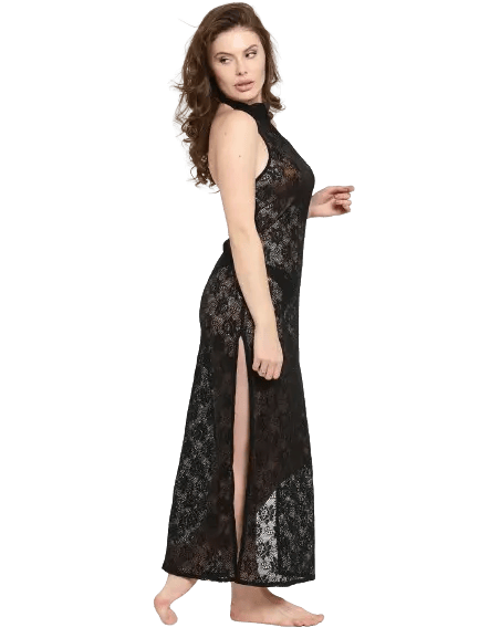 Women See-Thru Side Slit Lace Gown Night Dress with G-String