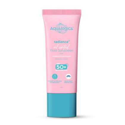 Aqualogica Radiance+ Oil Control Fluid Sunscreen for Oily Skin - 50g | Ultra-Light Fluid Texture | SPF 50+ PA++++ UVA, B & Blue Light Protection | Invivo tested | Oil Free | Controls Excess Oil | Non greasy | No White Cast | For Men & Women Aqualogica Ra