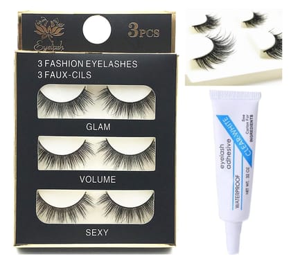 HUDA GIRL Eye Lashes for Women - Black Handmade Natural Thick Long Polyester, 3 Pairs False Eyelashes with Eyelash Glue - Empathetic Reusable Extensions for Womens, Girls - Eyelash with glue Set HUDA GIRL Eye Lashes for Women - Black Handmade Natural Thi
