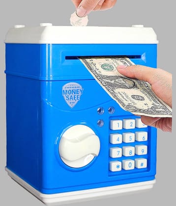RAINBOW RIDERS Blue Light And Sound ATM Bank / Money Safe Bank / ATM Machine /Money Safe Bank/ Coin Box for Kids with Electronic Lock & Secret Code/Electronic Wallet For 2+ Years kids/ ATM Bank for Girls and Boys.