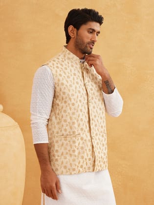 Mens Silk Blend Embroidered Beige Nehru Jacket-38