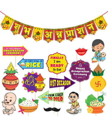 Zyozi Annaprasanam Photo Booth Props with Annaprasanam Bunting Banner Hindi Font Shubh Annaprashan Yellow & Red Color Font/Rice Ceremony Decorations Items/Rice Ceremony Props (Pack of 17)