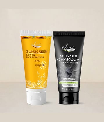 Alna Spf Lotion 30+ with Charcoal Face Wash 75ml Each , Pack of 2