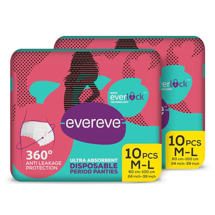 EverEve Ultra Absorbent Disposable Period Panties,M-L,2X10's Pack,0% Leaks,Sanitary Protection For Women&Girls,Maternity Delivery Pad,360Protection,Postpartum&Overnight Use,Heavy Flow Pack Of 20