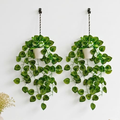 Artificial Hanging Ivy Plant with White Hanging Pot & Rope, Pack of 2, Realistic Green Leaf Creeper for Home,