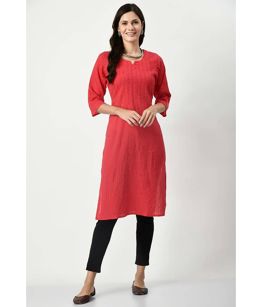 MAURYA 100% Cotton Embroidered Straight Women's Kurti - Red ( Pack of 1 )