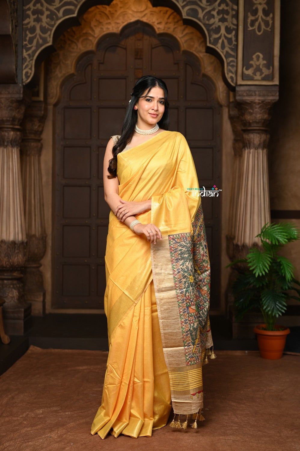 Parampara ~ Elegant Sunset Yellow Cotton Viscose Saree with Exquisite Hand-Painted Madhubani Art