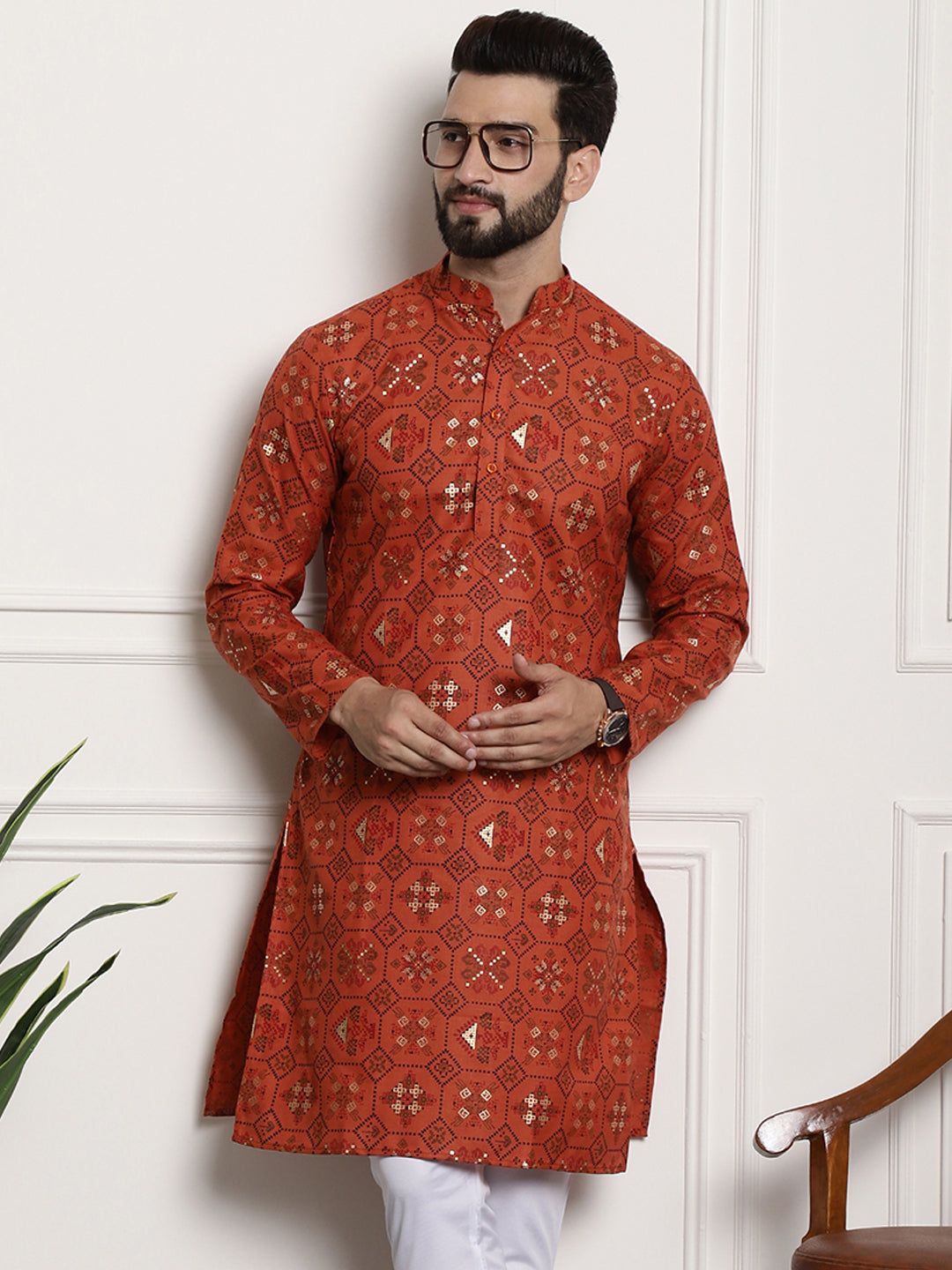 Men's Cotton Blend Floral Design Orange Only Long Kurta-36