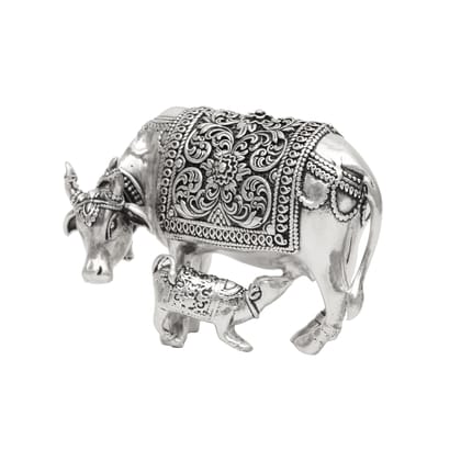 Pure Silver Cow and Calf Idol | Kamdhenu Gau Mata Murti | Decorative & Spiritual Figurine for Home मंदिर Decor