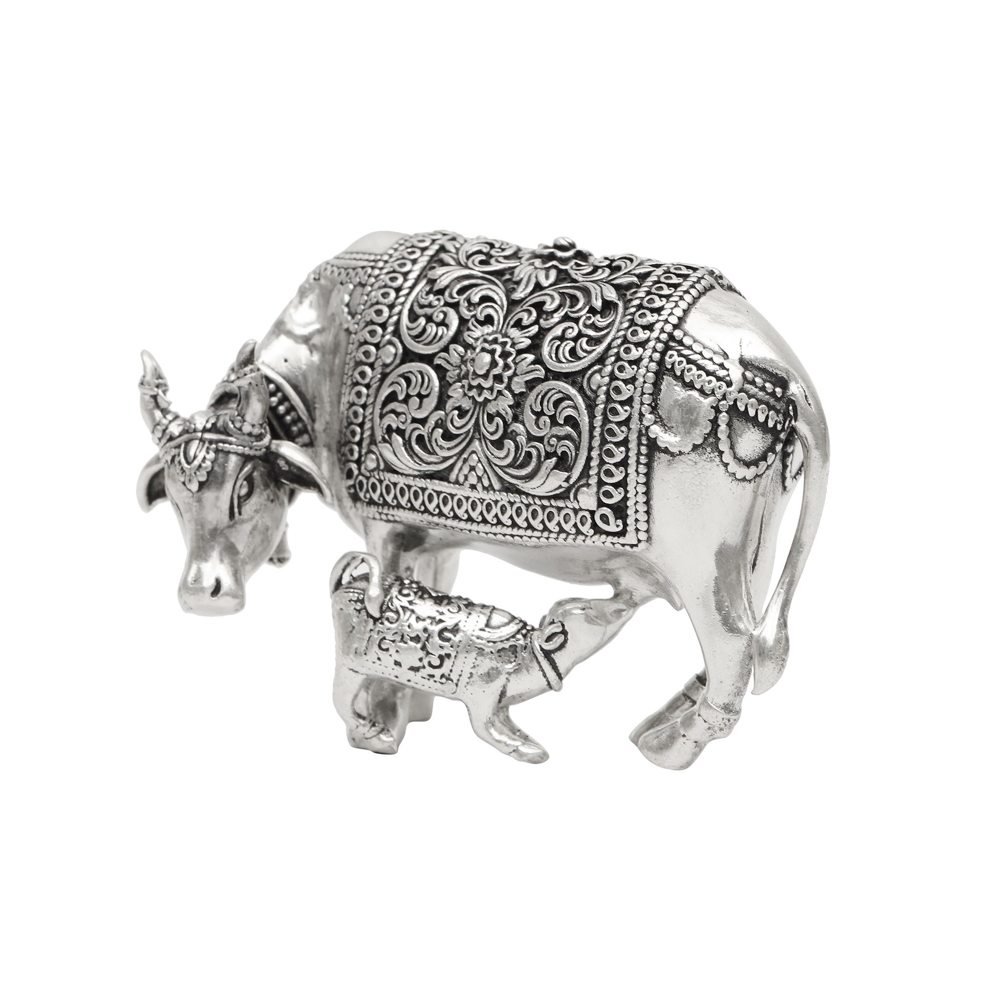Pure Silver Cow and Calf Idol | Kamdhenu Gau Mata Murti | Decorative & Spiritual Figurine for Home मंदिर Decor