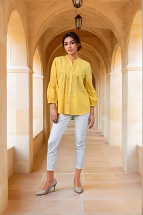 Golden Charm Front-Button Yellow Top-YELLOW / M