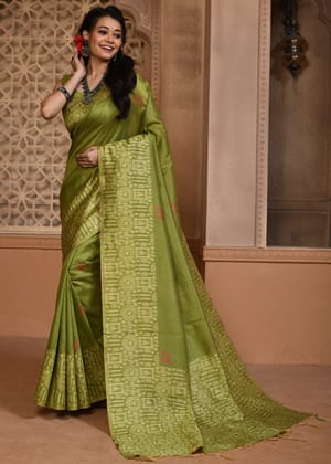 Lime Green Woven Textured Cotton Silk Saree