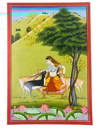 Exquisite Kangra Miniature Painting - Traditional Indian Art, 8x12 Inches, Handcrafted with Gold and Silver Accents, Vibrant Scene of Woman and Deer in Lush Landscape, Ideal for Home Decor and Collectors
