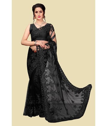JULEE Net Embroidered Saree With Blouse Piece - Black ( Pack of 1 )