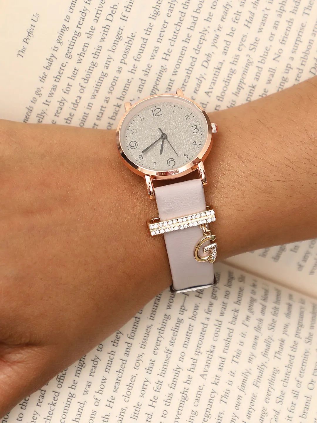 Round Analog Watch With G Liberty Initial Watch Charm - Grey-Watches