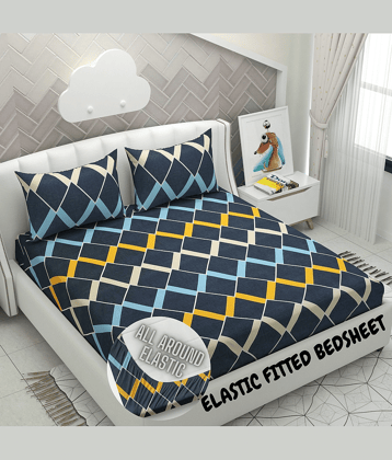 Apala Microfibre Abstract Printed Fitted Double Bedsheet With 2 Pillow Covers- Yellow