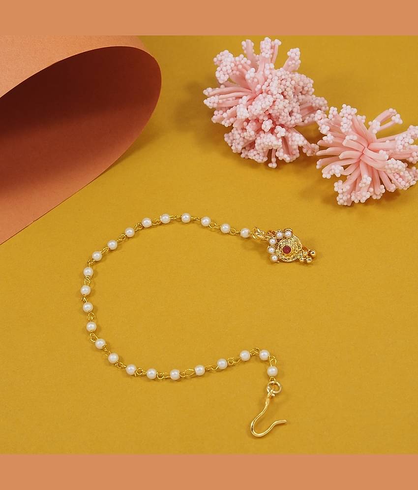 Kundan Studded Gold Plated Non Pierced Nose Ring with Pearl Chain