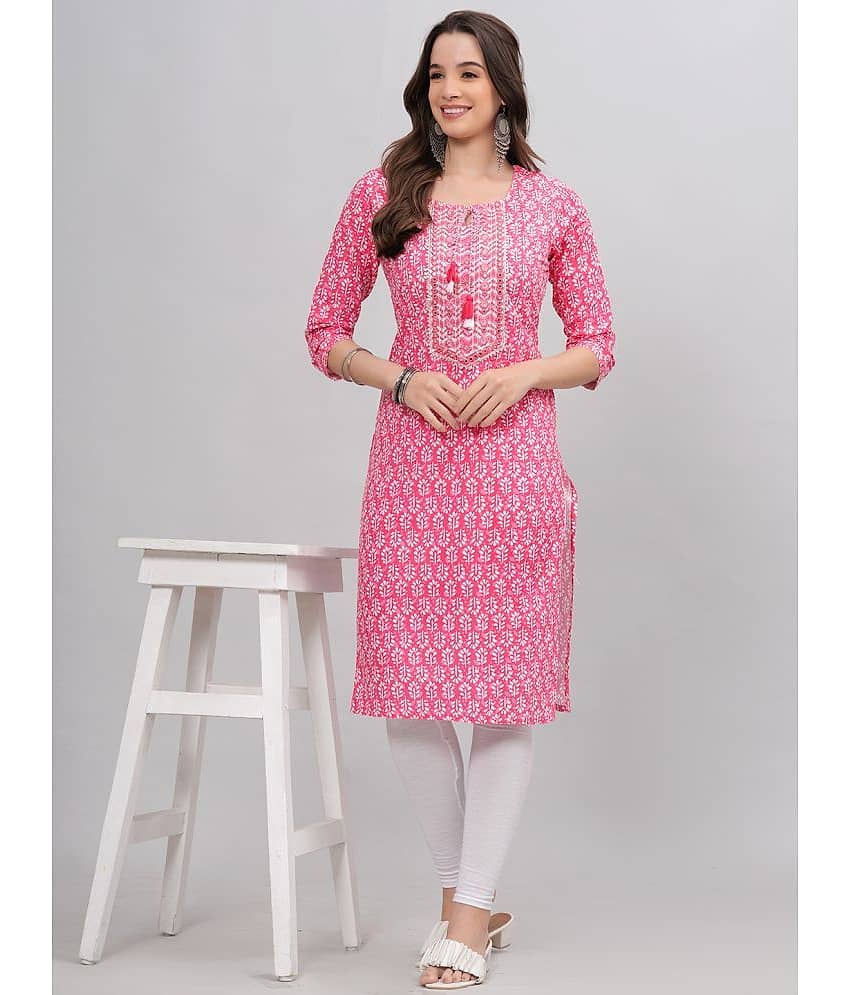 JC4U Cotton Printed Straight Women's Kurti - Pink ( Pack of 1 )