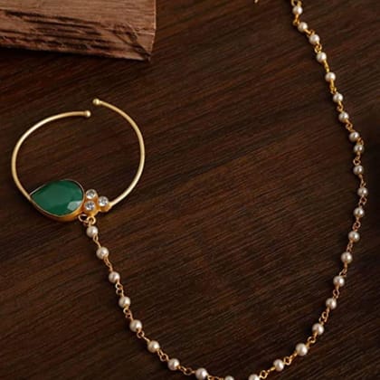 Gold-Toned  Green Stone Nose Ring With Chain