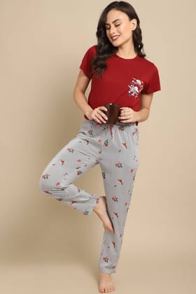 Maroon Color Striped Printed Viscose Rayon Nightsuit For Women-s