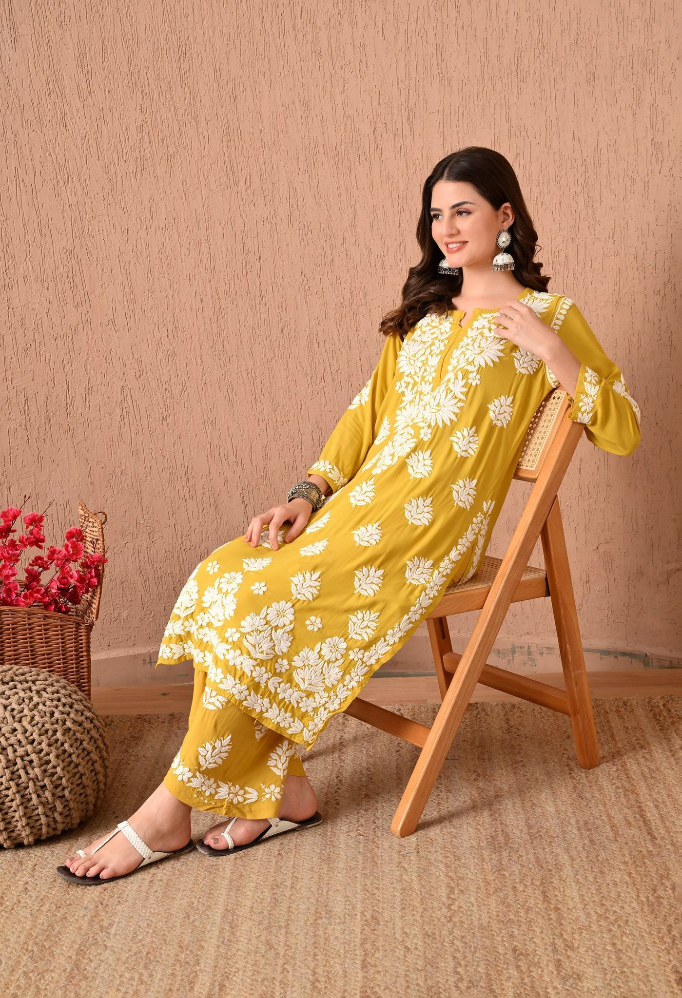 Hand Embroidered Chikankari Plazo Set with 3d Work-Mango yellow