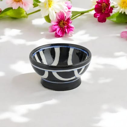 Handcrafted Black and White Round Blue Pottery BowlsSet of 2Geometric Pattern4