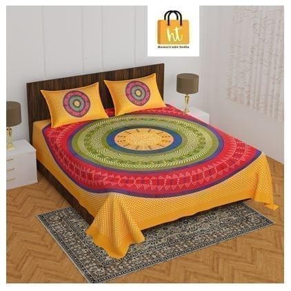 3001-Hometrade India-Standard King Size (90*108 Inches)-Pure Cotton Jaipuri Double Bedsheet With Matching Pillow Cover