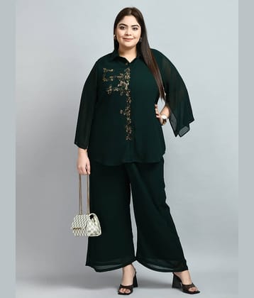PrettyPlus by Desinoor Women Georgette Embellished Shirt Style Kurti With Palazzo ( Green )