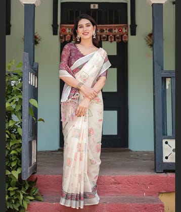 Almaari Fashion Linen Printed Saree With Unstitched Blouse Piece ( Multicolor )
