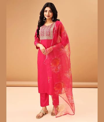 TRAHIMAM Cotton Blend Embroidered Kurti With Pants Women's Stitched Salwar Suit - Pink ( Pack of 1 )