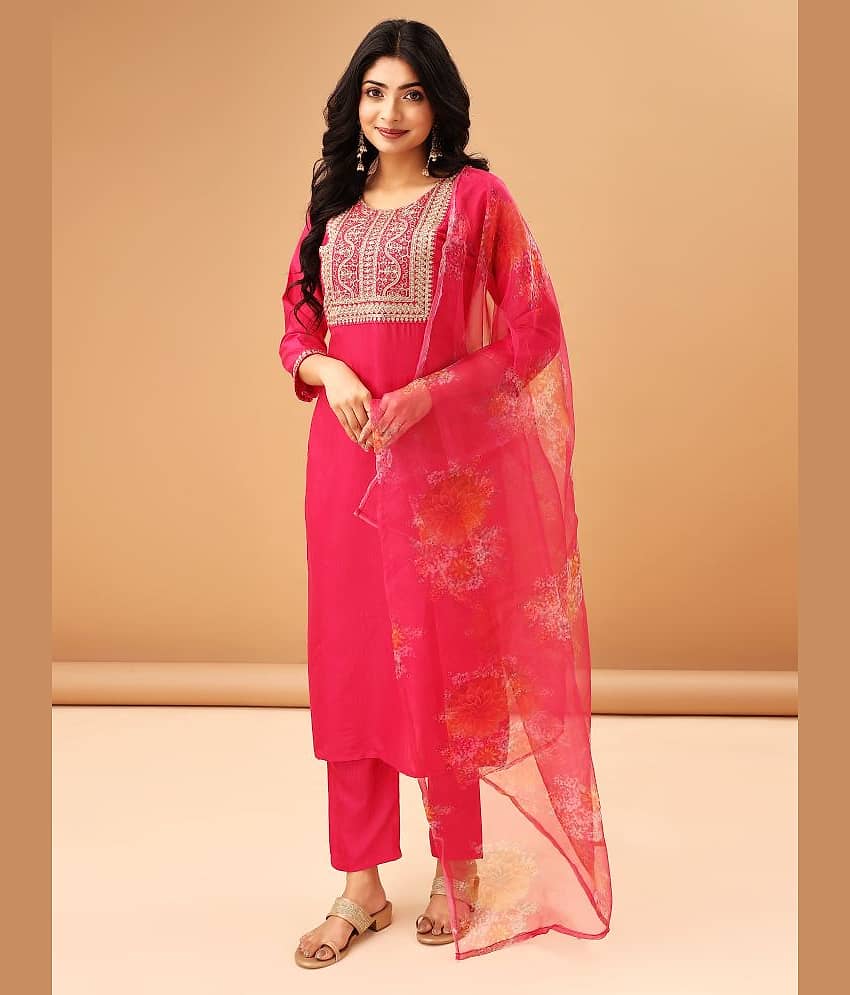 TRAHIMAM Cotton Blend Embroidered Kurti With Pants Women's Stitched Salwar Suit - Pink ( Pack of 1 )