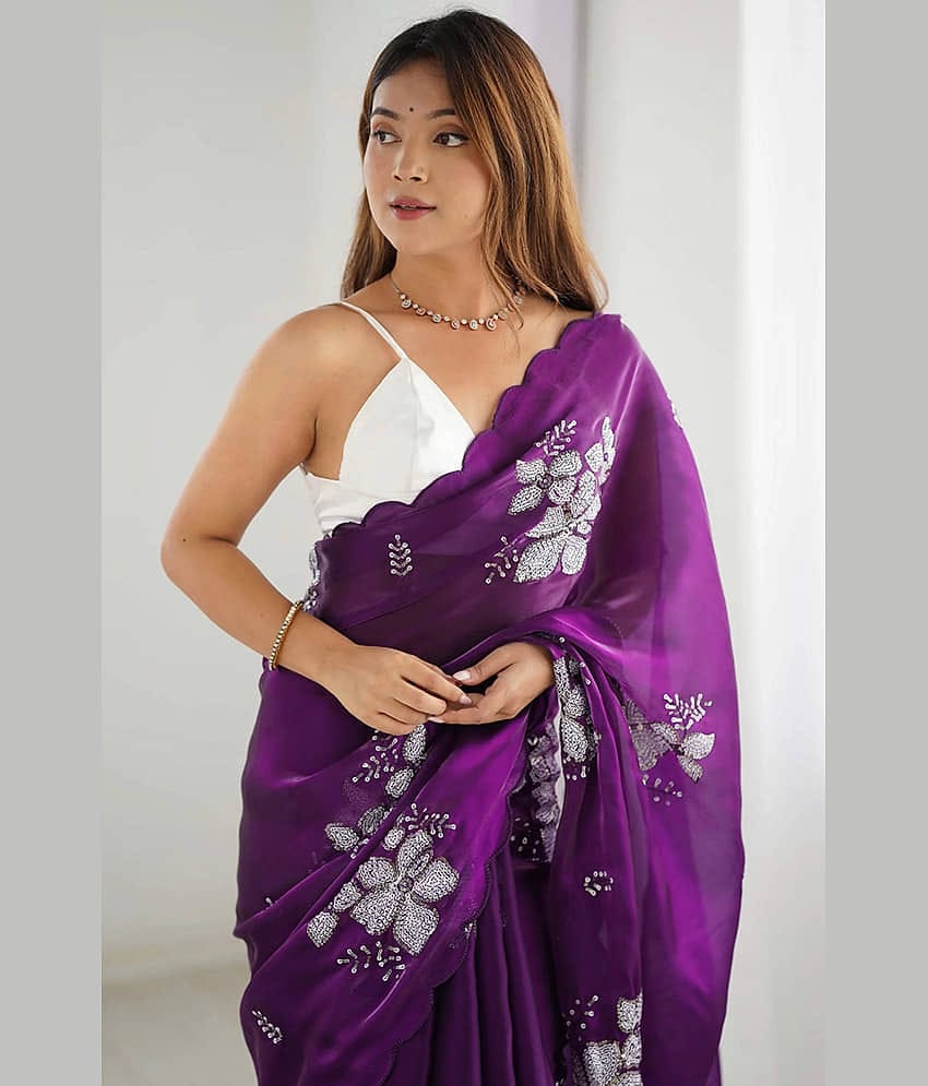 Indy Bliss Silk Embroidered Regular Saree With Unstitched Blouse Piece ( Purple )