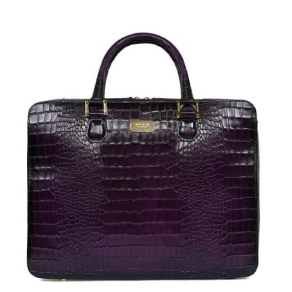 Purple Leather Office Briefcase with Organizer Compartment-FS