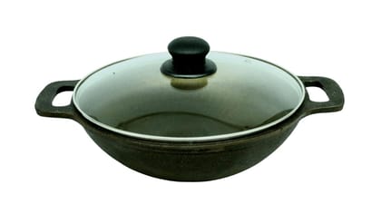 TRILONIUM ButterMold Pre-Seasoned Cast Iron Deep Kadhai | Wok 10.5 inches with Toughened Glass Lid