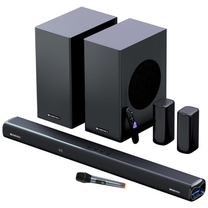ZEBRONICS Juke BAR 9850 5.2.4 CH Soundbar, 725 Watts, Dolby Atmos, HDMI eARC, Optical, Dual Wireless (Subwoofer + Satellites), Wireless UHF Microphone, RGB LED, Powerful Bass Black-725