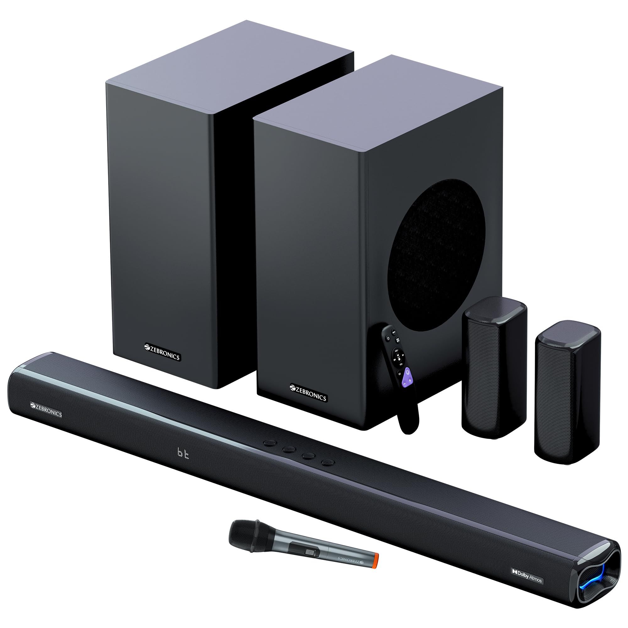 ZEBRONICS Juke BAR 9850 5.2.4 CH Soundbar, 725 Watts, Dolby Atmos, HDMI eARC, Optical, Dual Wireless (Subwoofer + Satellites), Wireless UHF Microphone, RGB LED, Powerful Bass Black-725
