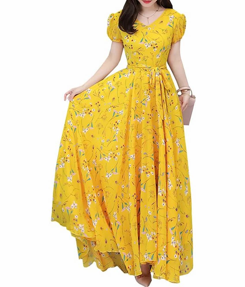 Raabta Fashion Women Georgette Printed Gown ( Yellow )