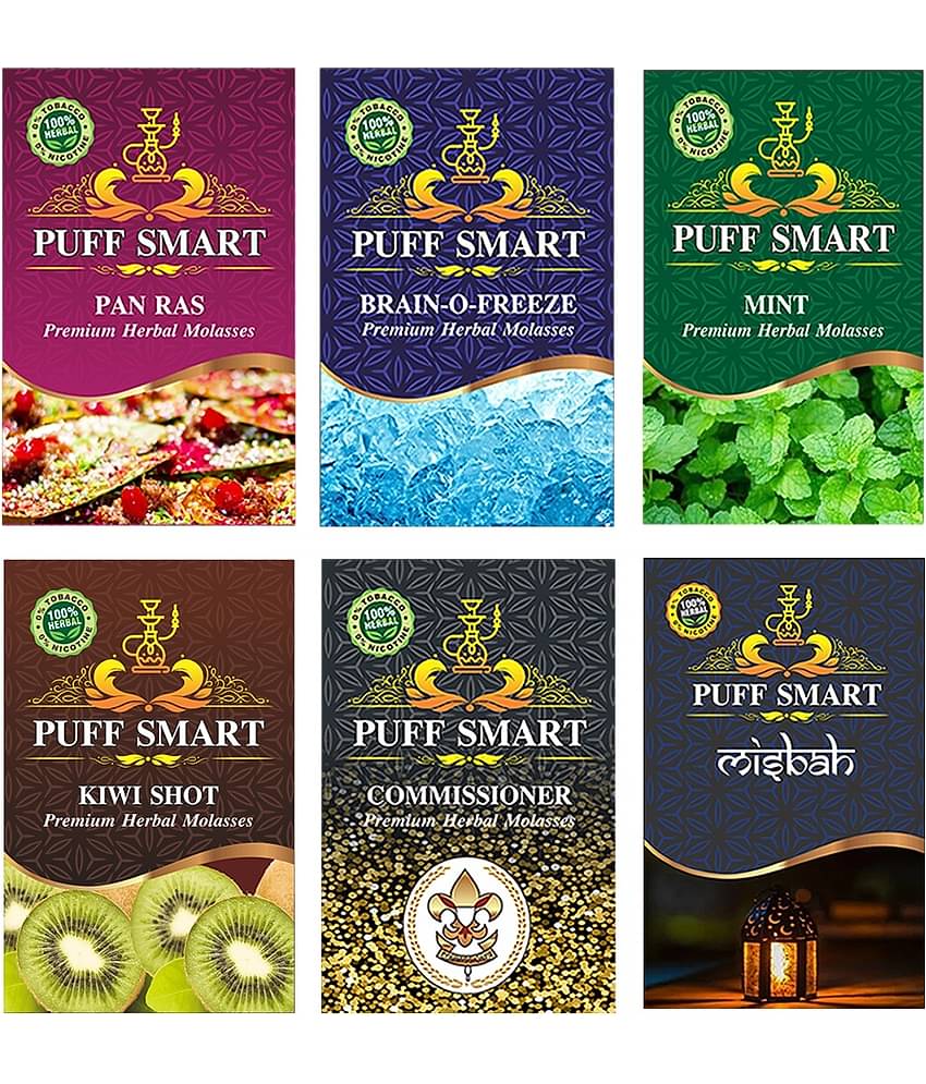 Puff Smart Premium Herbal Hookah Flavour Pack of 6 (Pan Ras, Brain-O-Freeze, Mint, Kiwi Shot, Commissioner, Misbah)