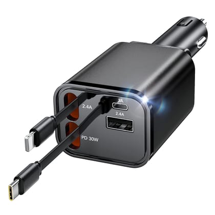 69W Car Charger Adapter, Retractable Cable with 30W Type-C Port, 2.4A USB Port, Compatible with iPhone 16/15/14, Samsung S24/S23, iPad