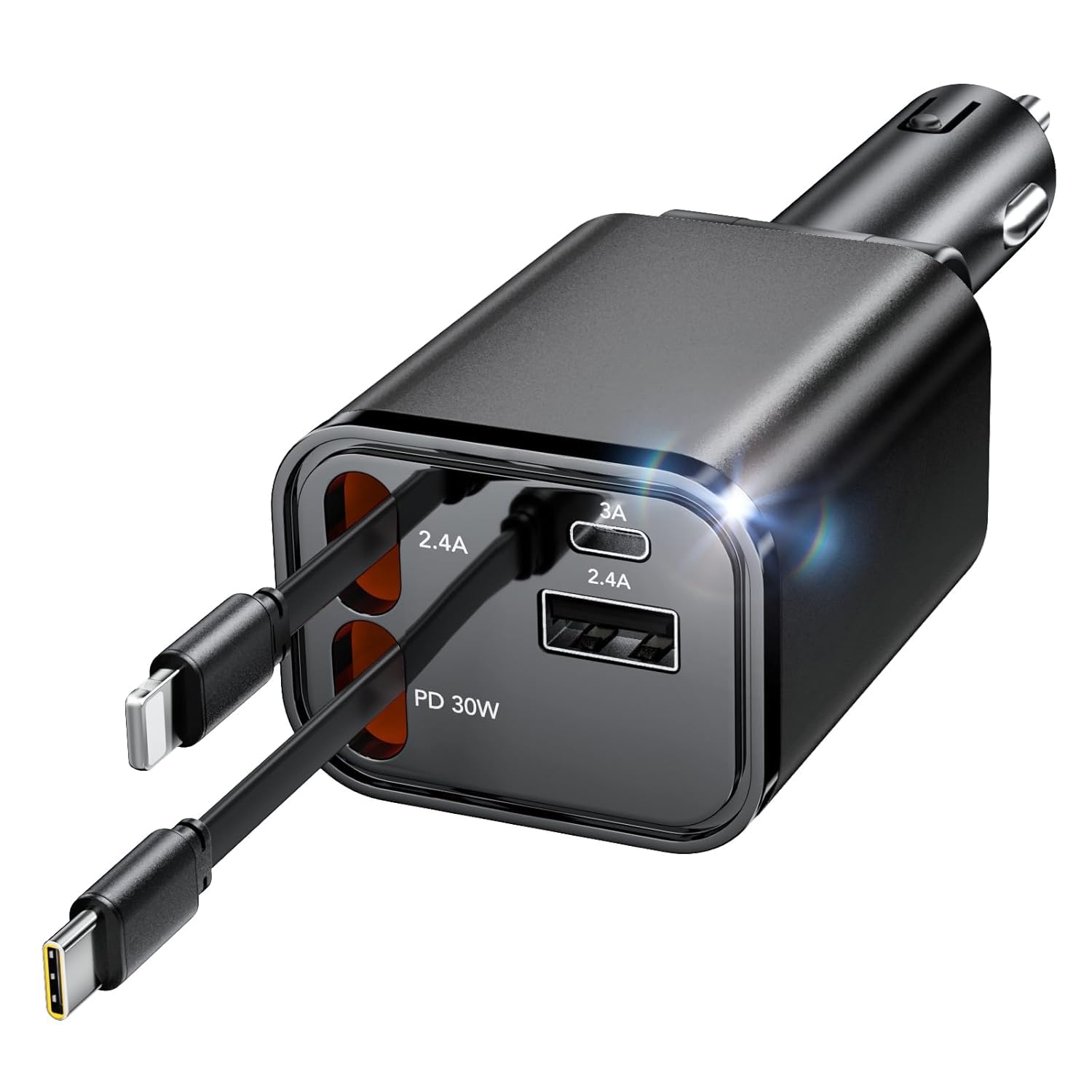 69W Car Charger Adapter, Retractable Cable with 30W Type-C Port, 2.4A USB Port, Compatible with iPhone 16/15/14, Samsung S24/S23, iPad