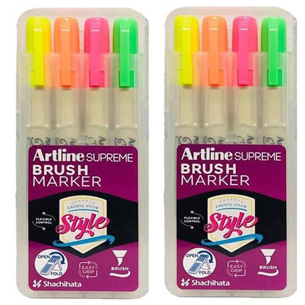 Artline Supreme Brush Marker Set of 4 of Fluro Yellow, Fluro Orange, Fluro Pink & Fluro Green vibrant Colours x 2 Packs | Popular Tool Among Artists And Designers