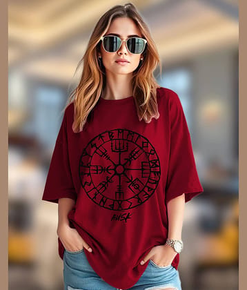 ENITOR Women Cotton Blend Printed Oversized Fit Round Neck T-Shirt ( Maroon )