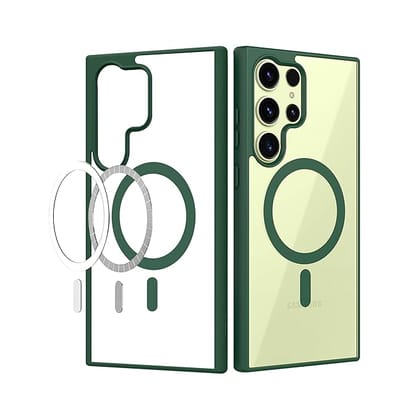 Magfit Cover for Samsung S23 Ultra (5G) | Mag-Safe Wireless Charging | Designed with Magnetic Lock Shockproof Phone Bumper Transparent Back Case Cover (Forest Green)