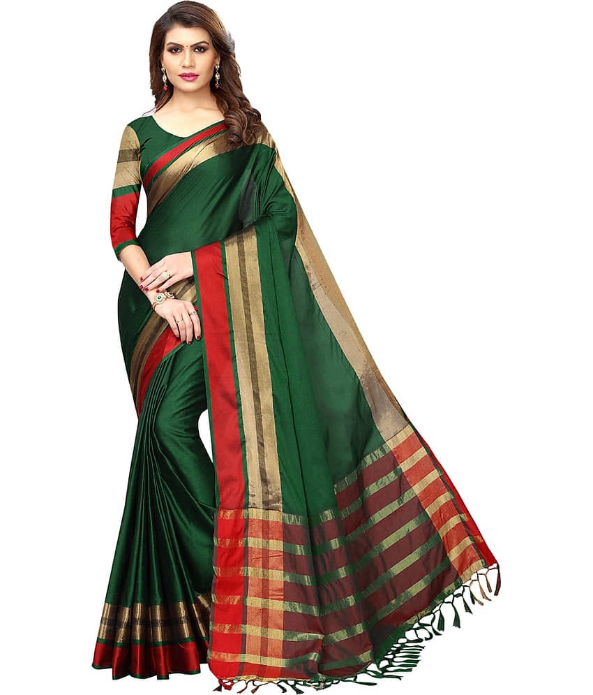 NIGHT BLUE Cotton Blend Solid Saree With Unstitched Blouse Piece ( Green )