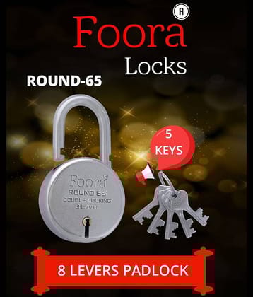 Foora-Tools Hardware Round 65 Padlock/door lock with 5 Keys ,Steel Double Locking 8 Lever Silver (65mm Normal Shackle)