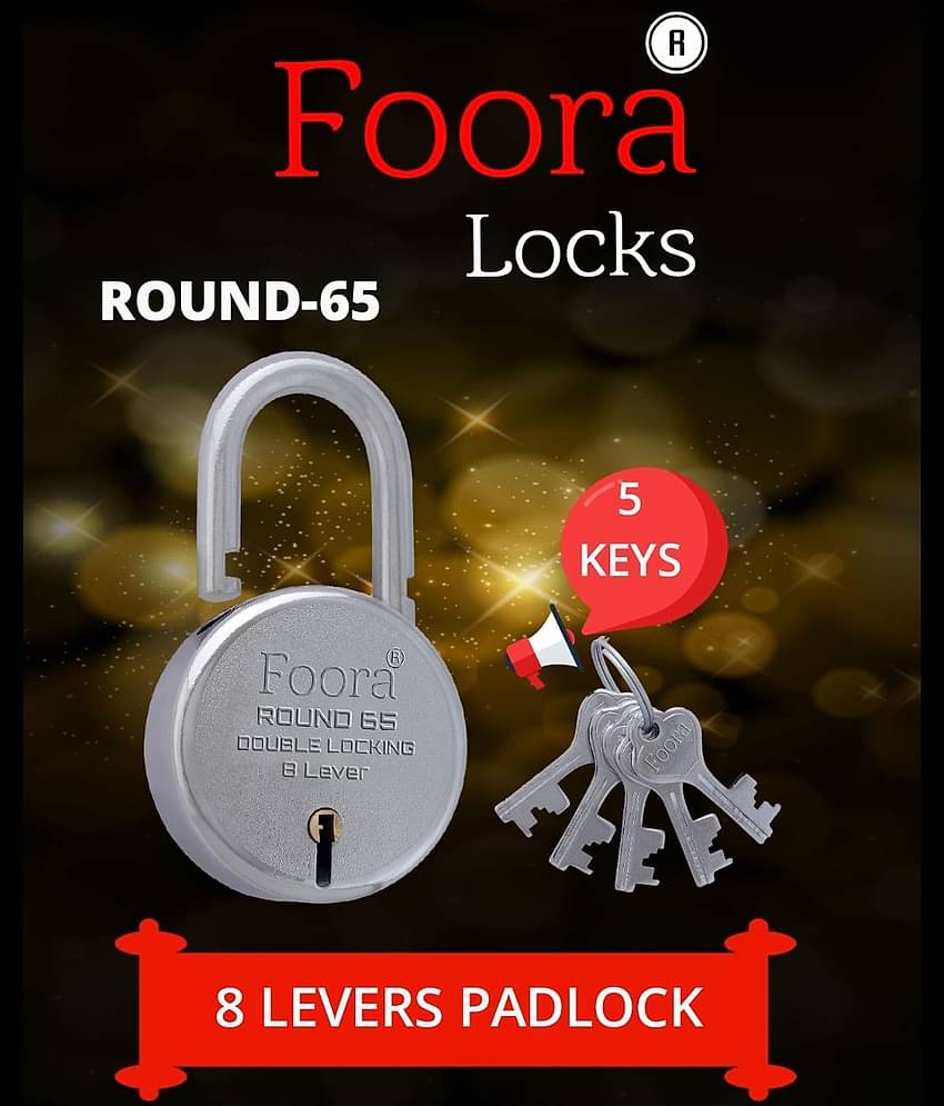 Foora-Tools Hardware Round 65 Padlock/door lock with 5 Keys ,Steel Double Locking 8 Lever Silver (65mm Normal Shackle)