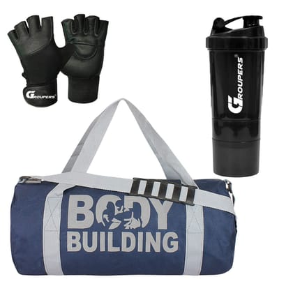 GROUPERS Duffle Canvas Bag with Shaker Bottle-500ml & GloveslSports & Travel BaglSports Kitl (Blue)