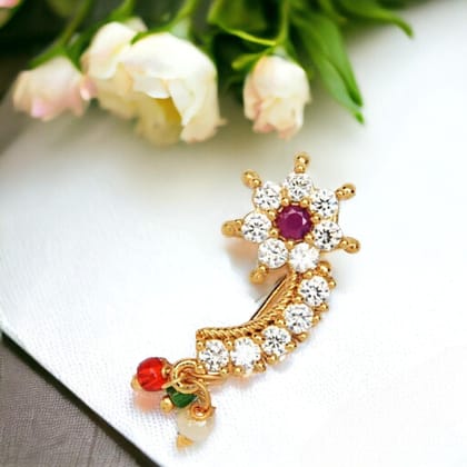 Gold-Plated American Diamond AD Stone Studded Beaded Floral Design Traditional Banu nath Mahrashtrian Nath Nose Pin(No Piercing)